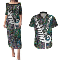 New Zealand Couples Matching Puletasi Dress and Hawaiian Shirt Aotearoa Symbols With Silver Fern LT03 Black - Polynesian Pride
