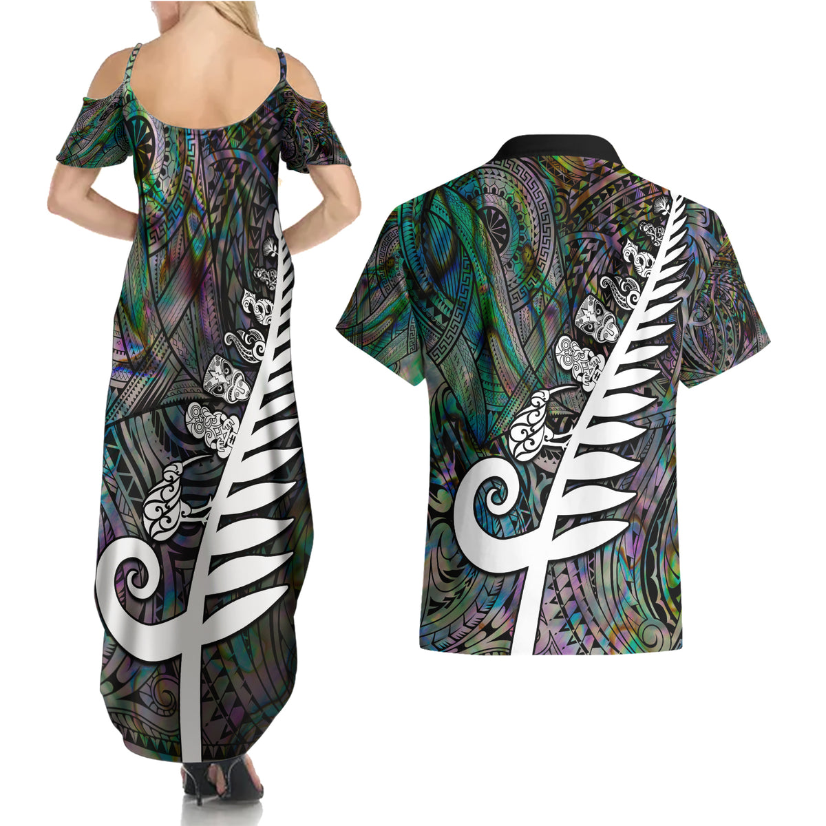 New Zealand Couples Matching Summer Maxi Dress and Hawaiian Shirt Aotearoa Symbols With Silver Fern LT03 - Polynesian Pride