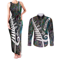 New Zealand Couples Matching Tank Maxi Dress and Long Sleeve Button Shirt Aotearoa Symbols With Silver Fern LT03 Black - Polynesian Pride