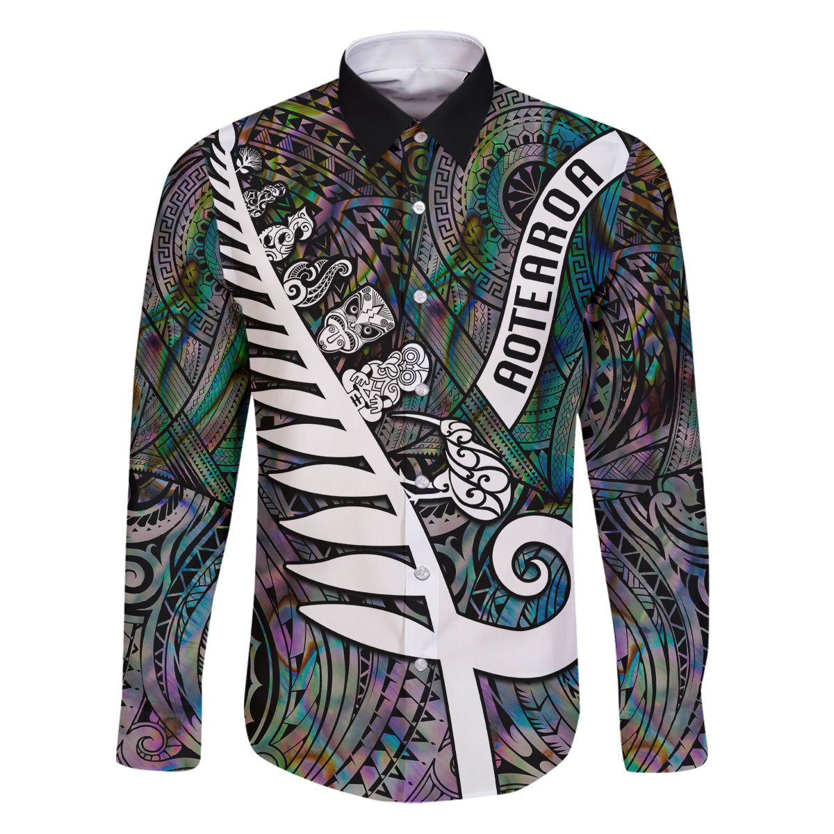 New Zealand Family Matching Puletasi Dress and Hawaiian Shirt Aotearoa Symbols With Silver Fern LT03 Dad's Shirt - Long Sleeve Black - Polynesian Pride