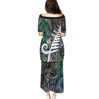New Zealand Family Matching Puletasi Dress and Hawaiian Shirt Aotearoa Symbols With Silver Fern LT03 - Polynesian Pride