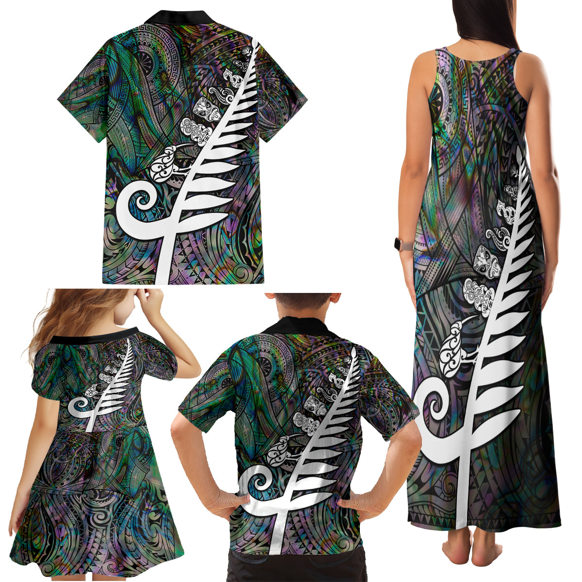 New Zealand Family Matching Tank Maxi Dress and Hawaiian Shirt Aotearoa Symbols With Silver Fern LT03 - Polynesian Pride