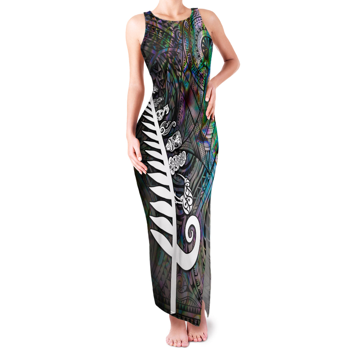New Zealand Family Matching Tank Maxi Dress and Hawaiian Shirt Aotearoa Symbols With Silver Fern LT03 Mom's Dress Black - Polynesian Pride