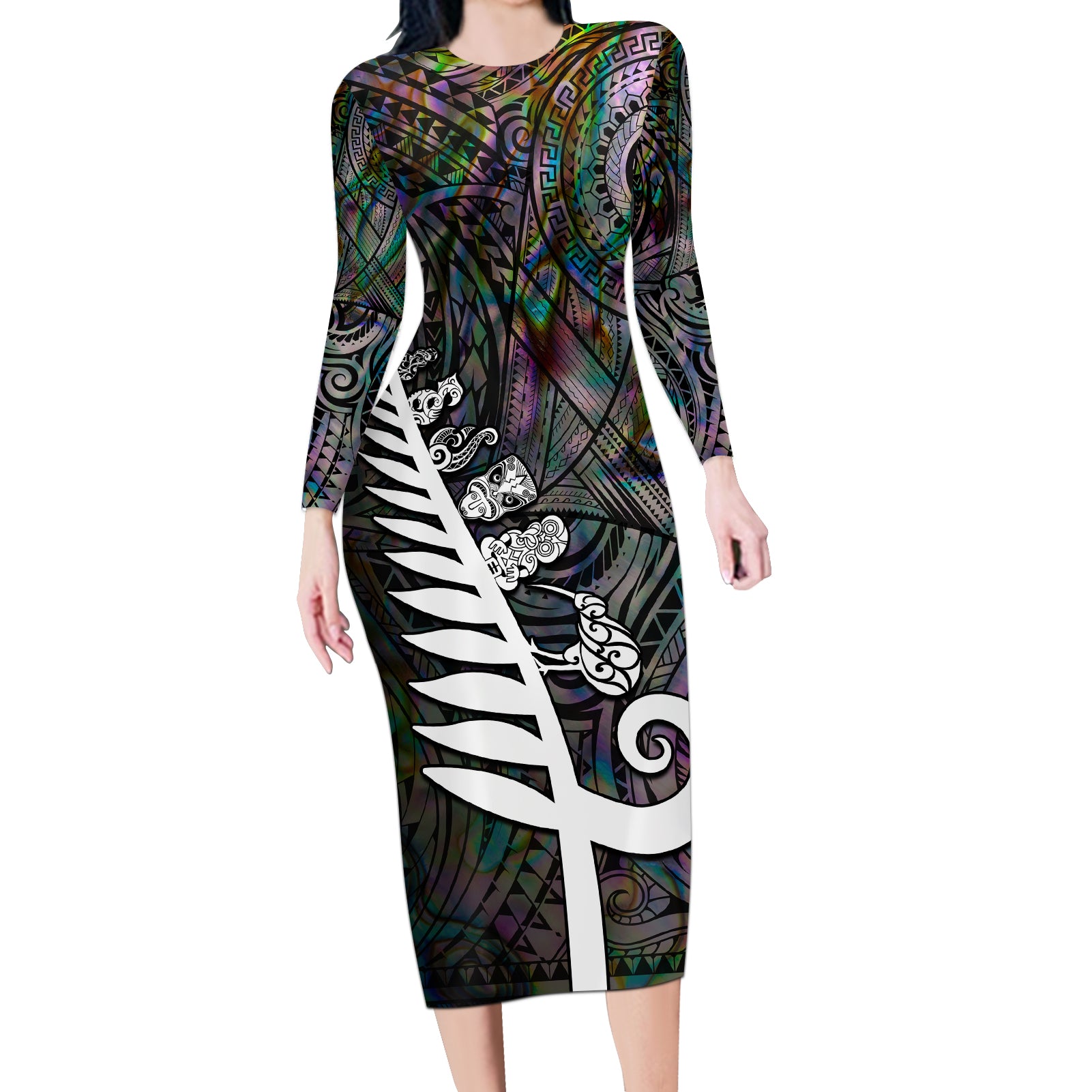 New Zealand Long Sleeve Bodycon Dress Aotearoa Symbols With Silver Fern LT03 Long Dress Black - Polynesian Pride