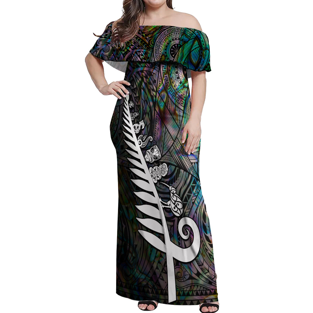 New Zealand Off Shoulder Maxi Dress Aotearoa Symbols With Silver Fern LT03 Women Black - Polynesian Pride