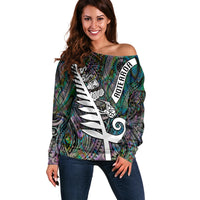New Zealand Off Shoulder Sweater Aotearoa Symbols With Silver Fern LT03 Women Black - Polynesian Pride