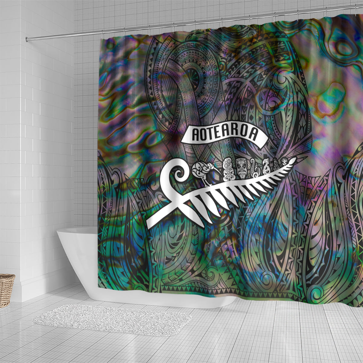 New Zealand Shower Curtain Aotearoa Symbols With Silver Fern LT03 - Polynesian Pride