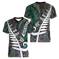 New Zealand Women V Neck T Shirt Aotearoa Symbols With Silver Fern LT03 - Polynesian Pride