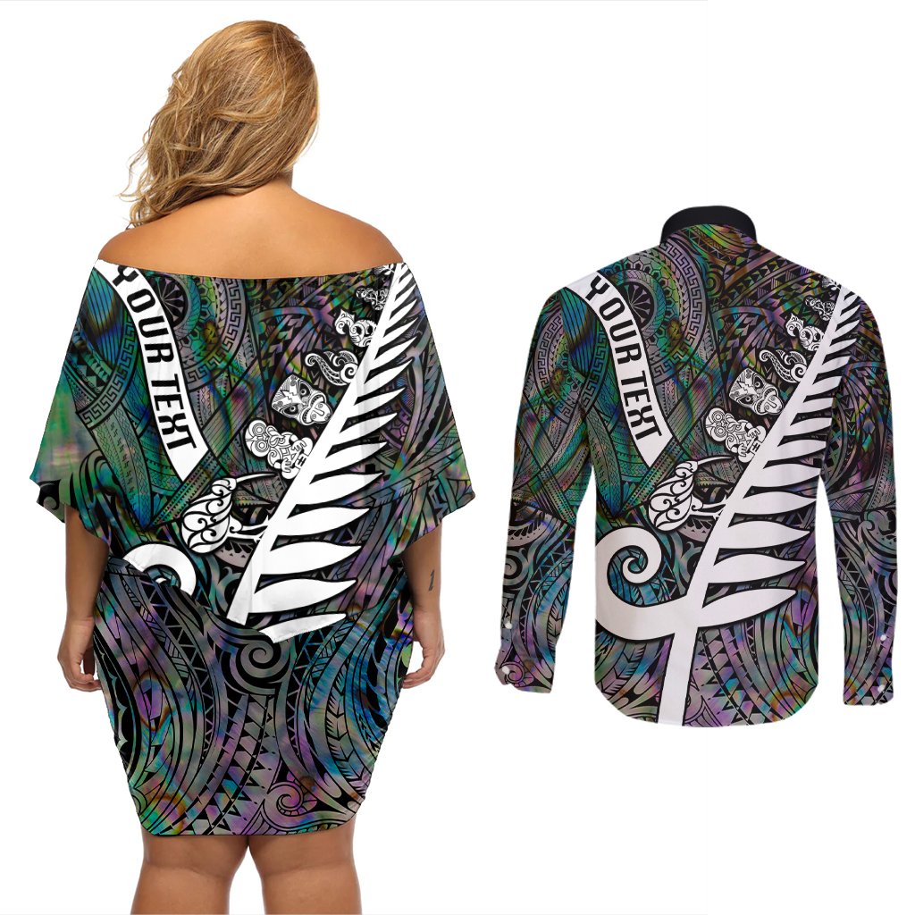 Personalized New Zealand Couples Matching Off Shoulder Short Dress and Long Sleeve Button Shirt Aotearoa Symbols With Silver Fern LT03 - Polynesian Pride