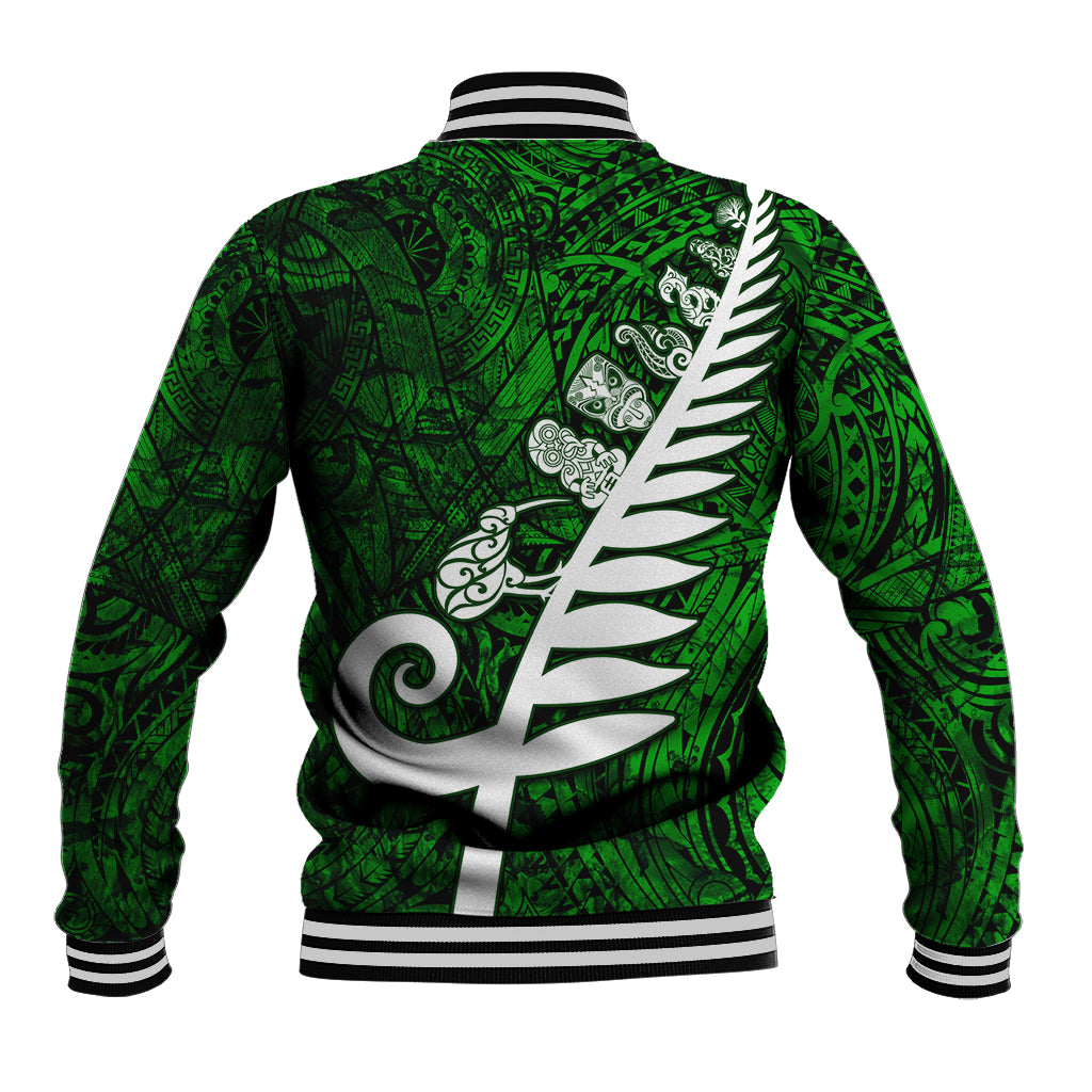 New Zealand Baseball Jacket Silver Fern and Maori Symbols Papua Shell Green Style LT03 - Polynesian Pride