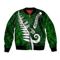 New Zealand Bomber Jacket Silver Fern and Maori Symbols Papua Shell Green Style LT03 Unisex Green - Polynesian Pride