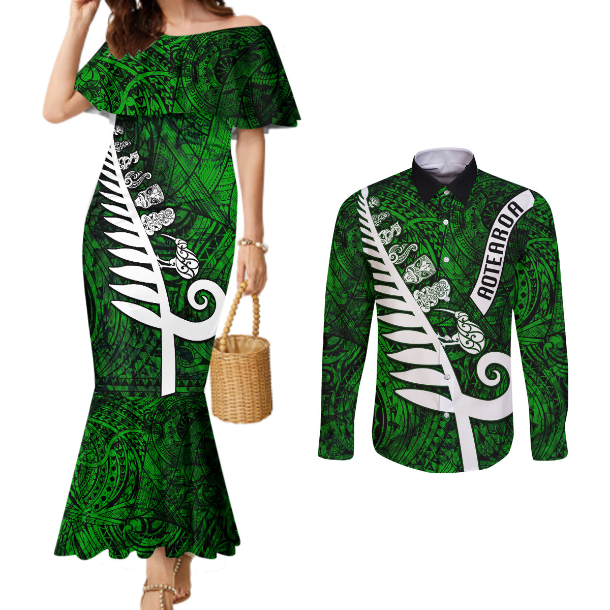 New Zealand Couples Matching Mermaid Dress and Long Sleeve Button Shirt Silver Fern and Maori Symbols Papua Shell Green Style LT03 Green - Polynesian Pride