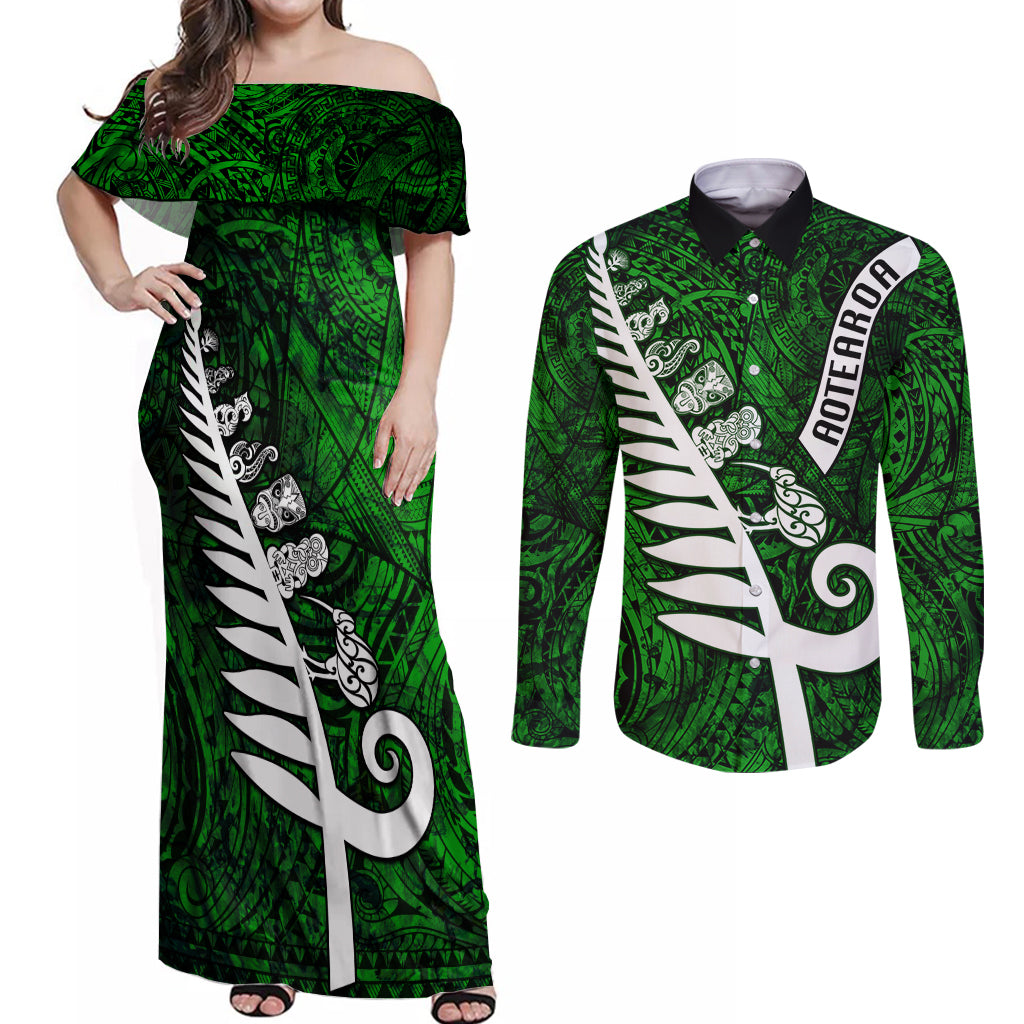 New Zealand Couples Matching Off Shoulder Maxi Dress and Long Sleeve Button Shirt Silver Fern and Maori Symbols Papua Shell Green Style LT03 Green - Polynesian Pride