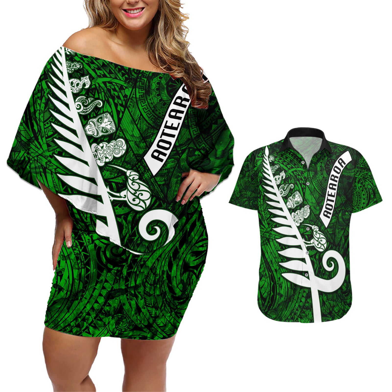 New Zealand Couples Matching Off Shoulder Short Dress and Hawaiian Shirt Silver Fern and Maori Symbols Papua Shell Green Style LT03 Green - Polynesian Pride