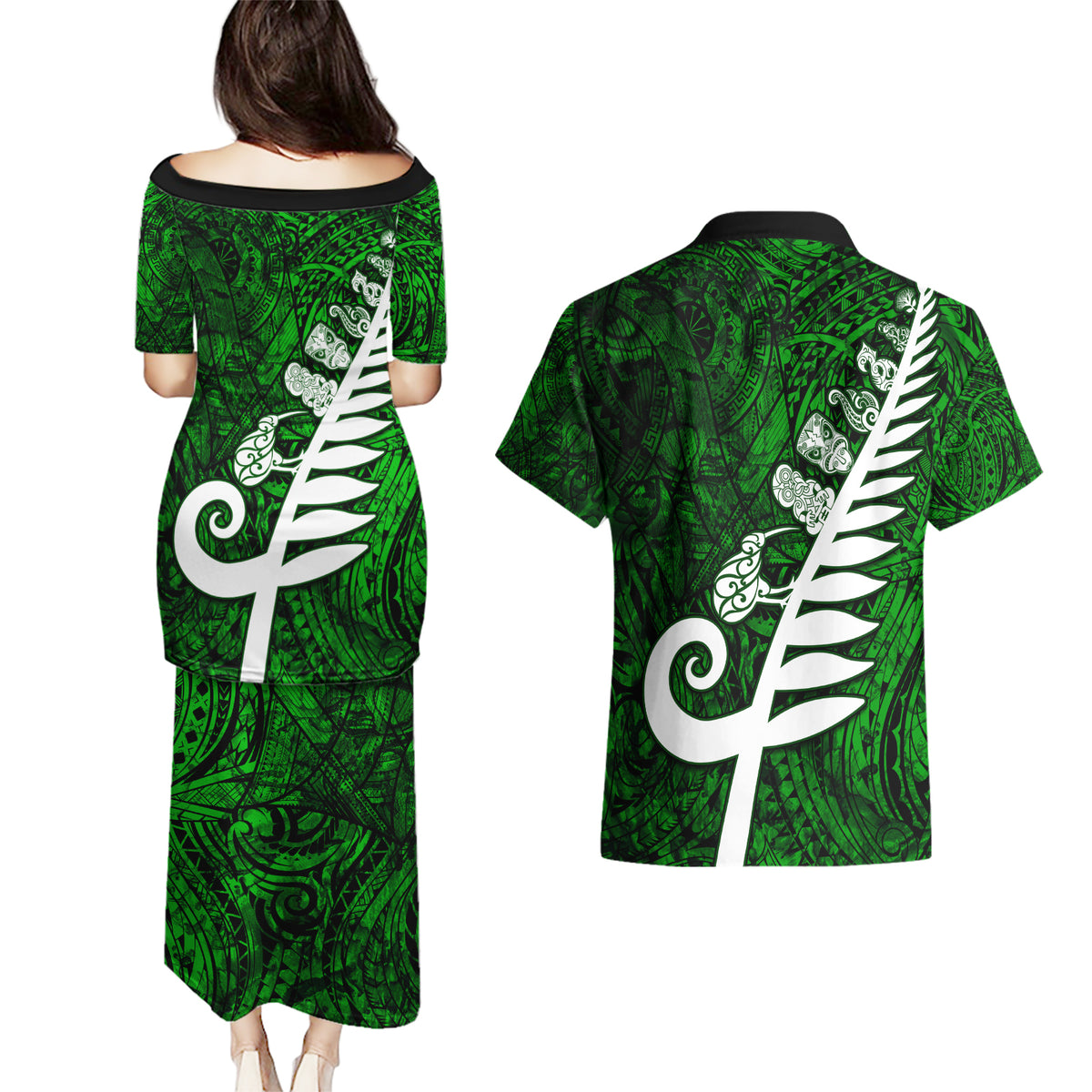 New Zealand Couples Matching Puletasi Dress and Hawaiian Shirt Silver Fern and Maori Symbols Papua Shell Green Style LT03 - Polynesian Pride
