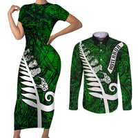 New Zealand Couples Matching Short Sleeve Bodycon Dress and Long Sleeve Button Shirt Silver Fern and Maori Symbols Papua Shell Green Style LT03 Green - Polynesian Pride