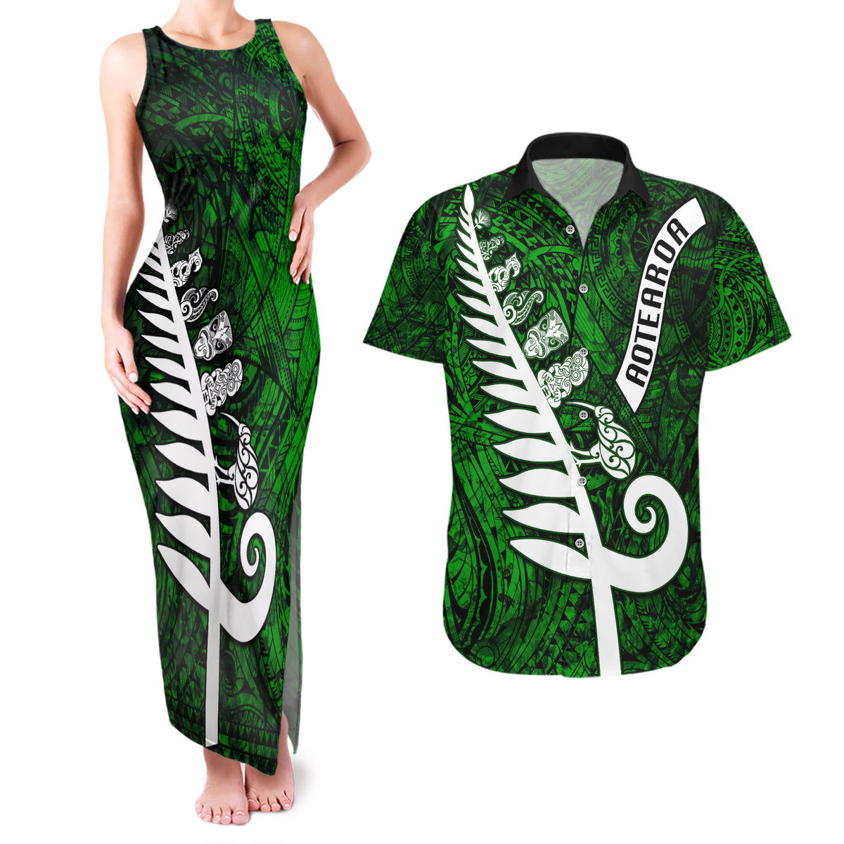 New Zealand Couples Matching Tank Maxi Dress and Hawaiian Shirt Silver Fern and Maori Symbols Papua Shell Green Style LT03 Green - Polynesian Pride