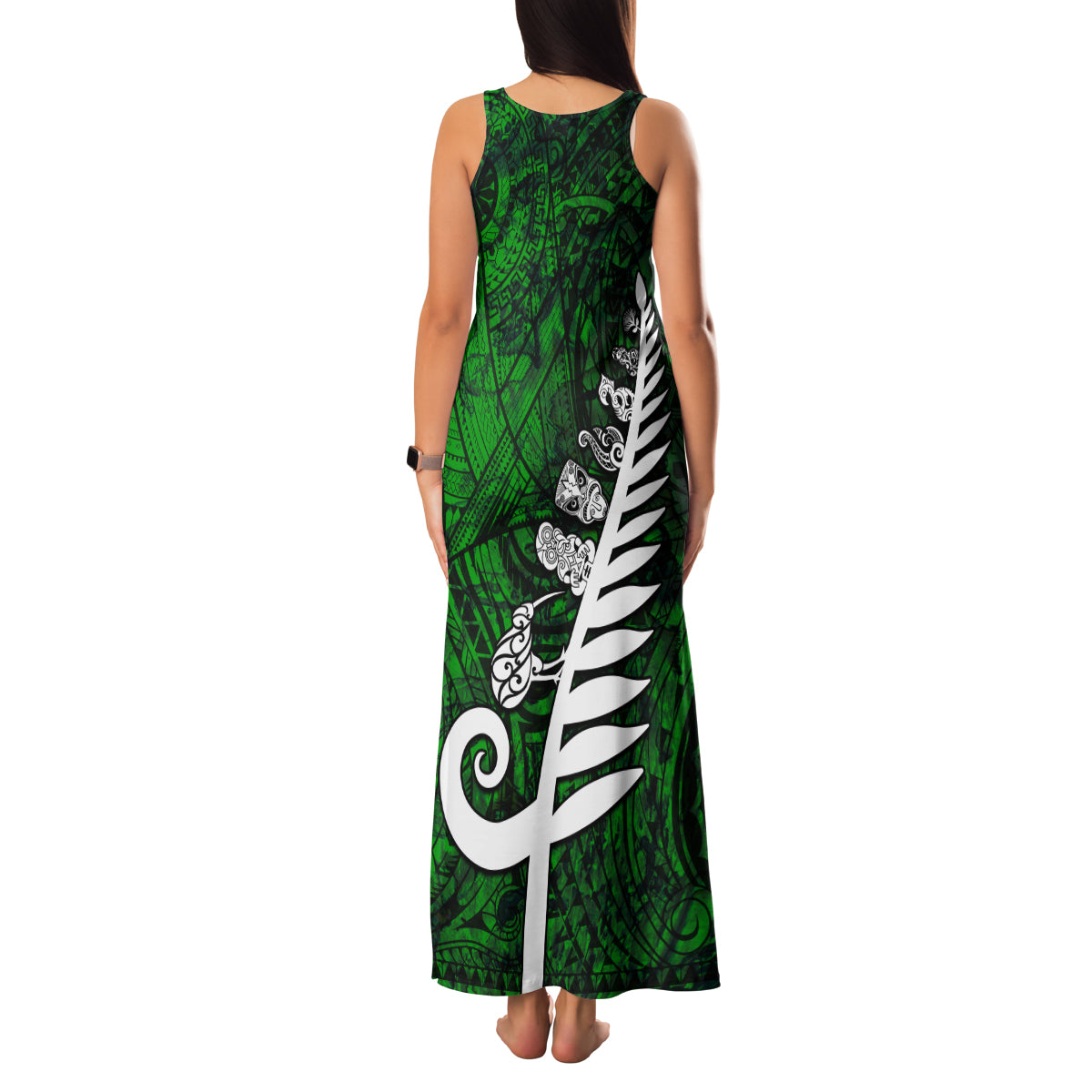 New Zealand Family Matching Tank Maxi Dress and Hawaiian Shirt Silver Fern and Maori Symbols Papua Shell Green Style LT03 - Polynesian Pride