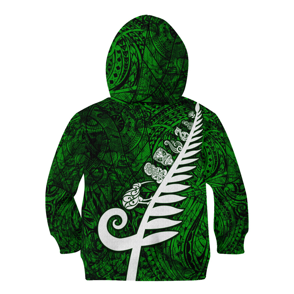 New Zealand Kid Hoodie Silver Fern and Maori Symbols Papua Shell Green Style LT03 - Polynesian Pride