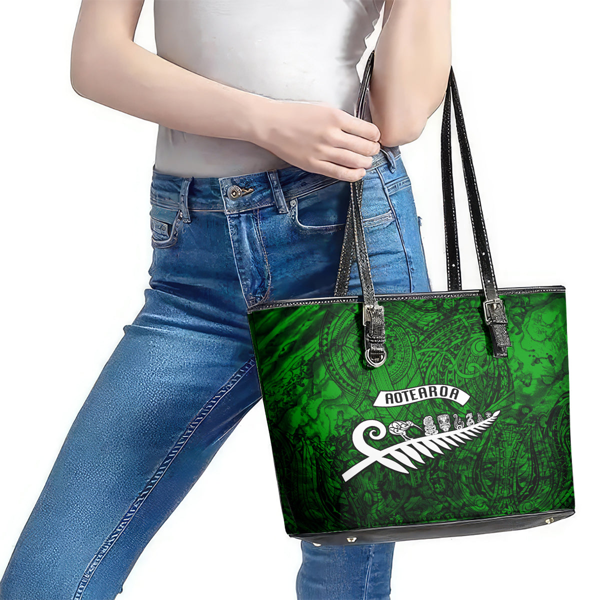 New Zealand Leather Tote Bag Silver Fern and Maori Symbols Papua Shell Green Style LT03 - Polynesian Pride