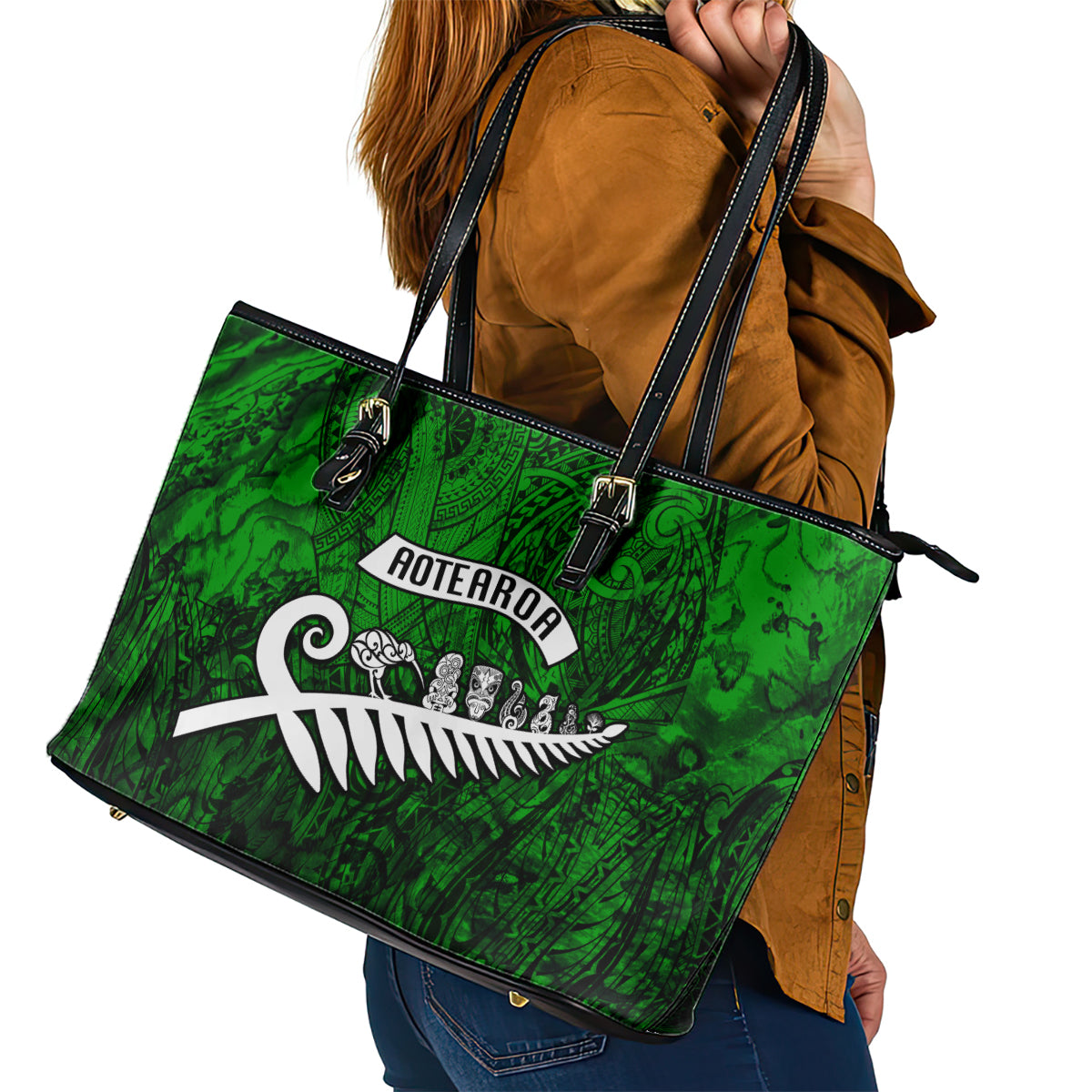 New Zealand Leather Tote Bag Silver Fern and Maori Symbols Papua Shell Green Style LT03 - Polynesian Pride