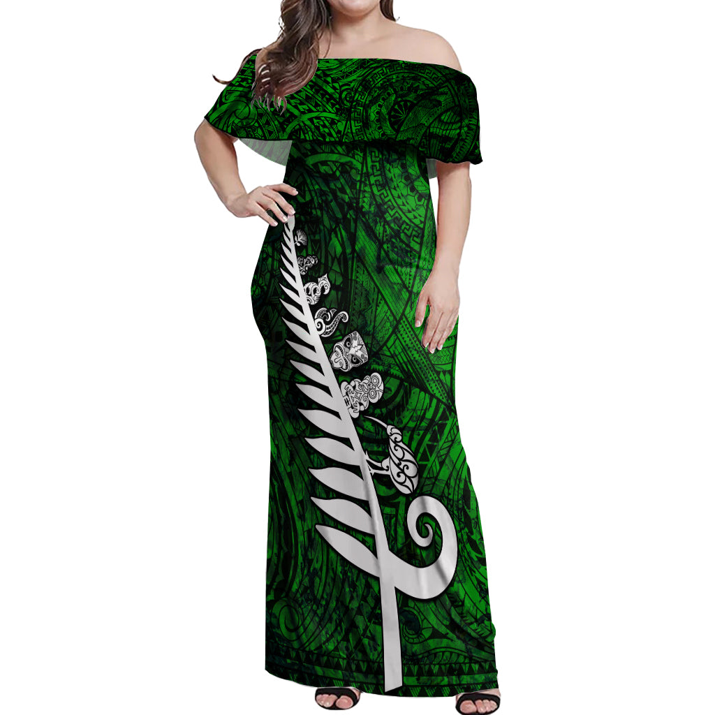 New Zealand Off Shoulder Maxi Dress Silver Fern and Maori Symbols Papua Shell Green Style LT03 Women Green - Polynesian Pride