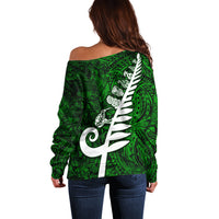 New Zealand Off Shoulder Sweater Silver Fern and Maori Symbols Papua Shell Green Style LT03 - Polynesian Pride