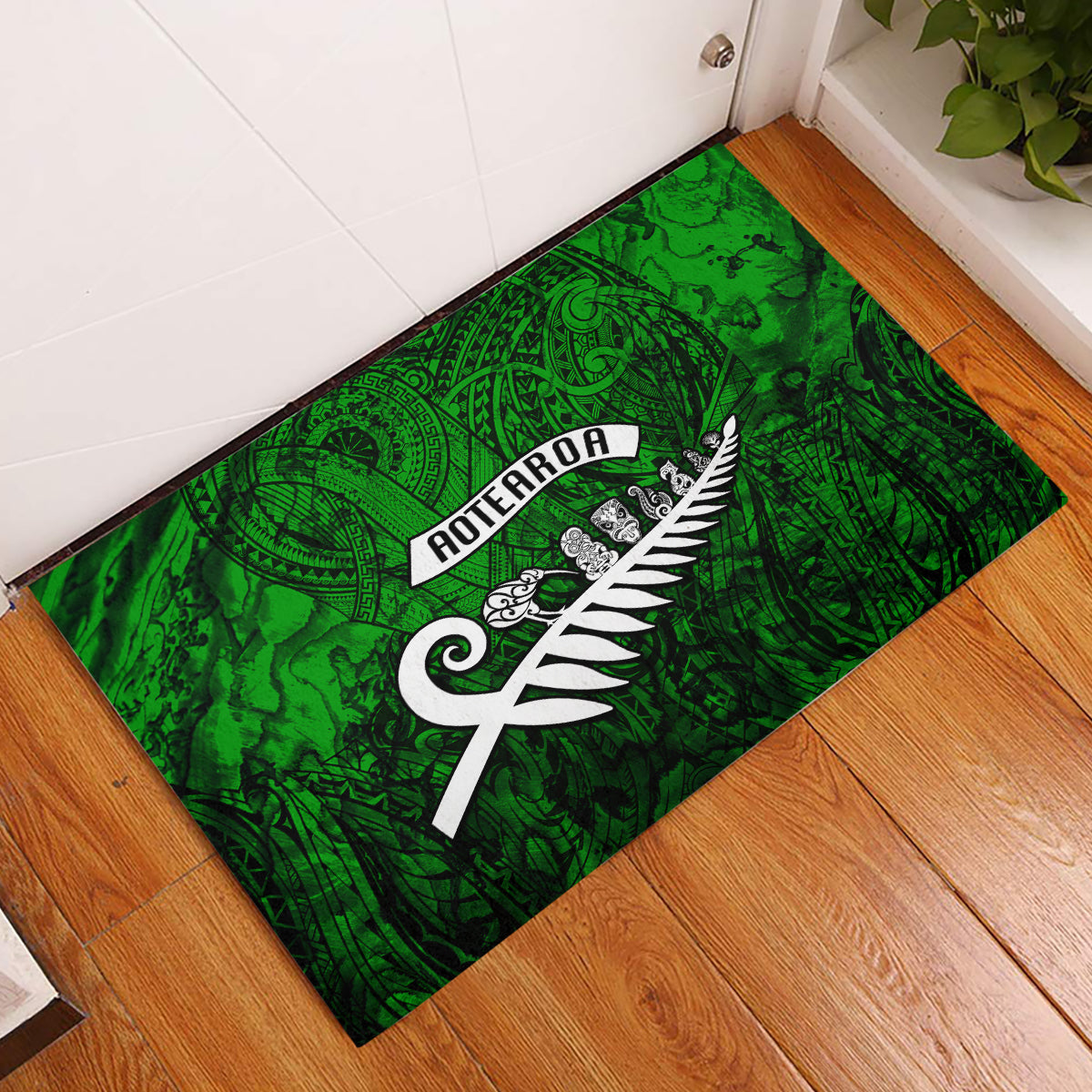 New Zealand Rubber Doormat Silver Fern and Maori Symbols Papua Shell Green Style LT03 Green - Polynesian Pride
