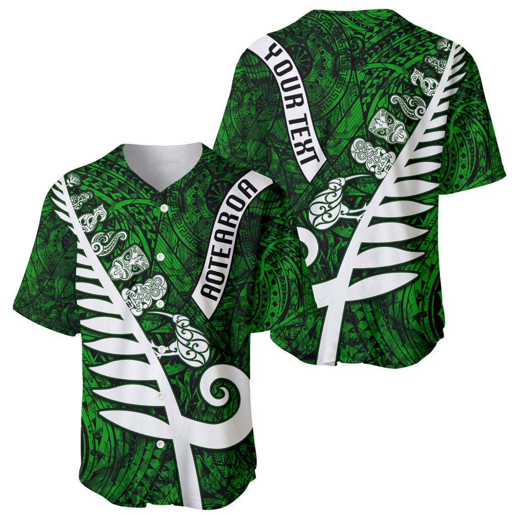 Personalized New Zealand Baseball Jersey Silver Fern and Maori Symbols Papua Shell Green Style LT03 - Polynesian Pride