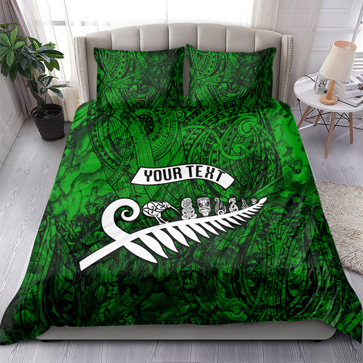 Personalized New Zealand Bedding Set Silver Fern and Maori Symbols Papua Shell Green Style LT03 - Polynesian Pride