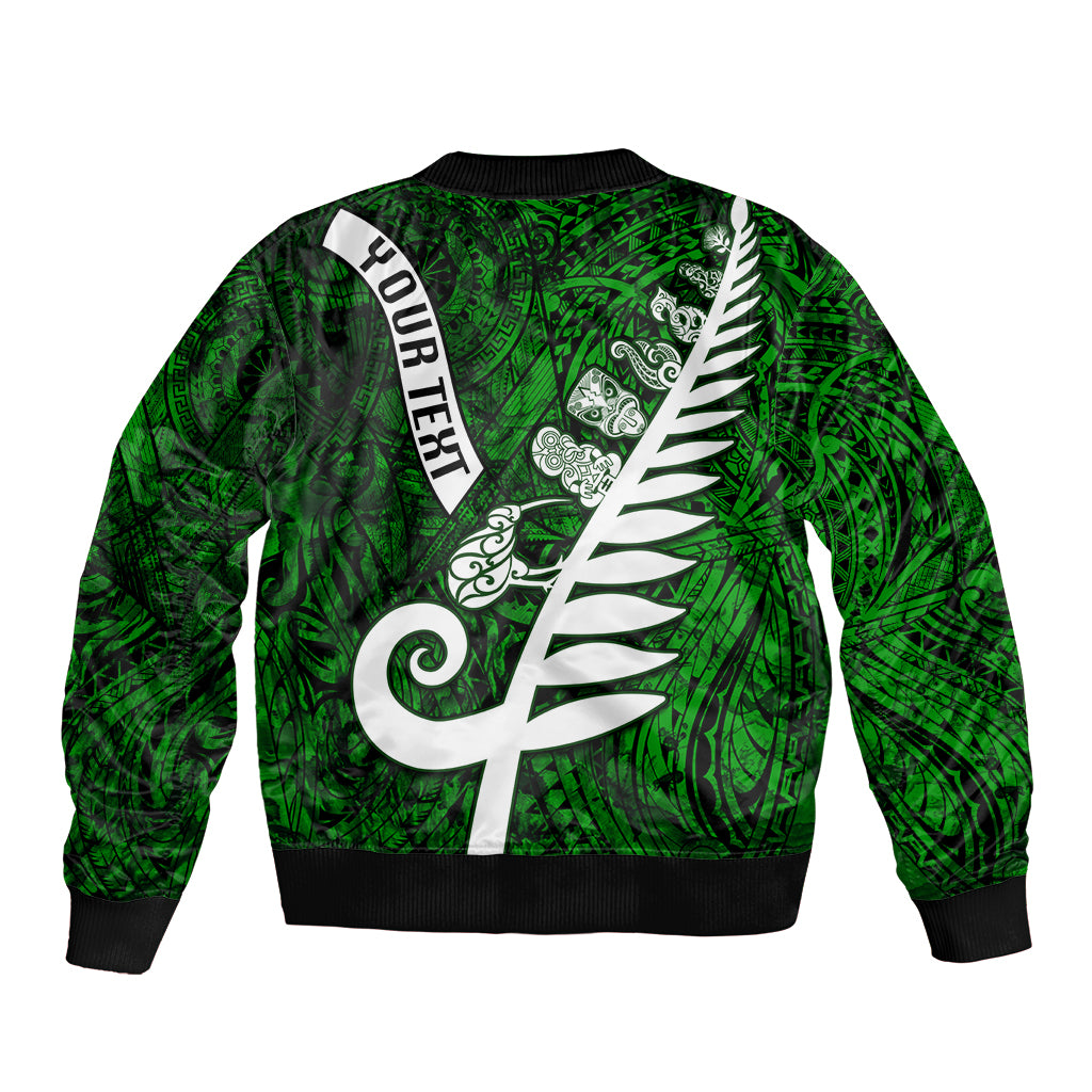 Personalized New Zealand Bomber Jacket Silver Fern and Maori Symbols Papua Shell Green Style LT03 - Polynesian Pride
