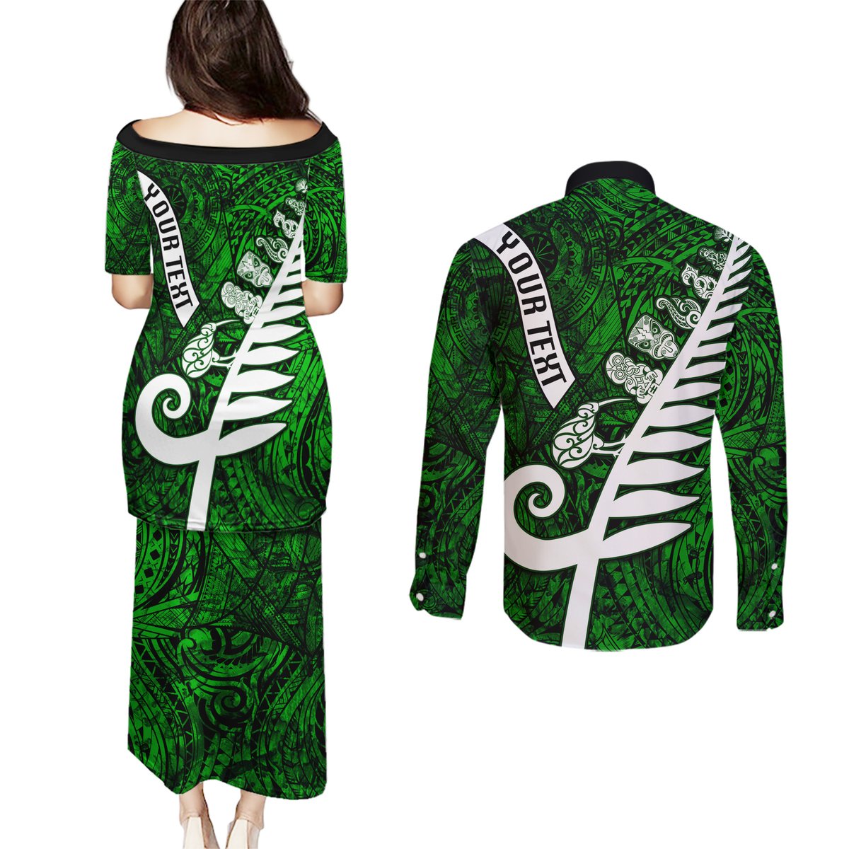 Personalized New Zealand Couples Matching Puletasi Dress and Long Sleeve Button Shirt Silver Fern and Maori Symbols Papua Shell Green Style LT03 - Polynesian Pride
