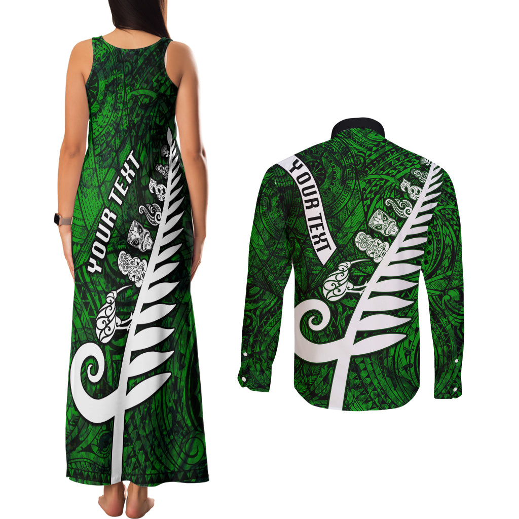 Personalized New Zealand Couples Matching Tank Maxi Dress and Long Sleeve Button Shirt Silver Fern and Maori Symbols Papua Shell Green Style LT03 - Polynesian Pride