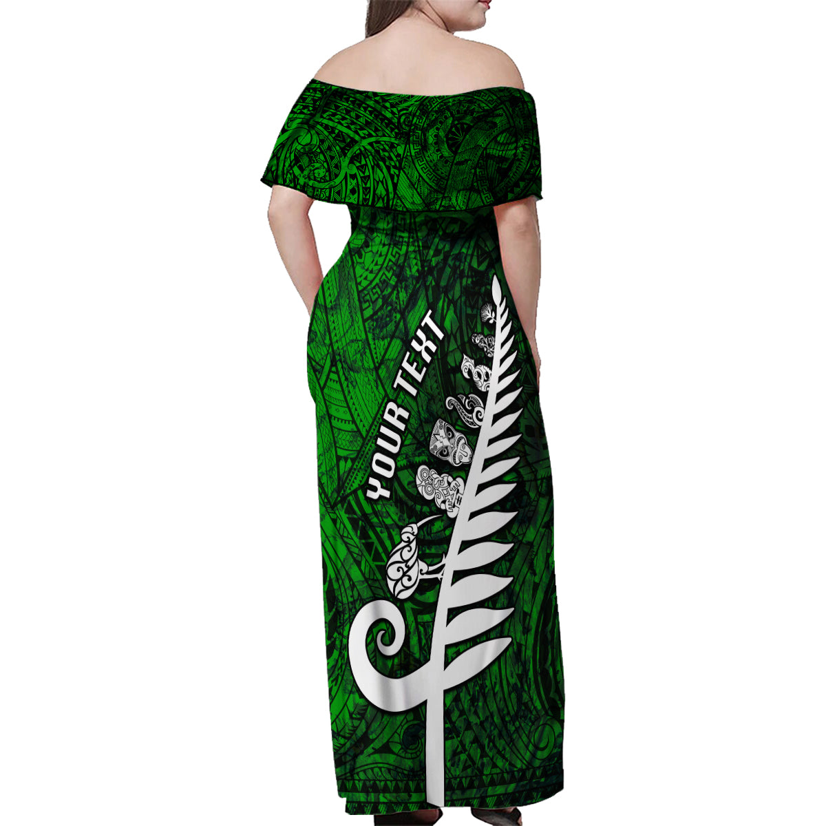 Personalized New Zealand Family Matching Off Shoulder Maxi Dress and Hawaiian Shirt Silver Fern and Maori Symbols Papua Shell Green Style LT03 - Polynesian Pride
