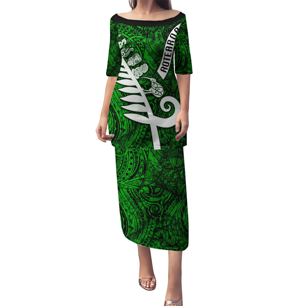 Personalized New Zealand Family Matching Puletasi Dress and Hawaiian Shirt Silver Fern and Maori Symbols Papua Shell Green Style LT03 Mom's Dress Green - Polynesian Pride