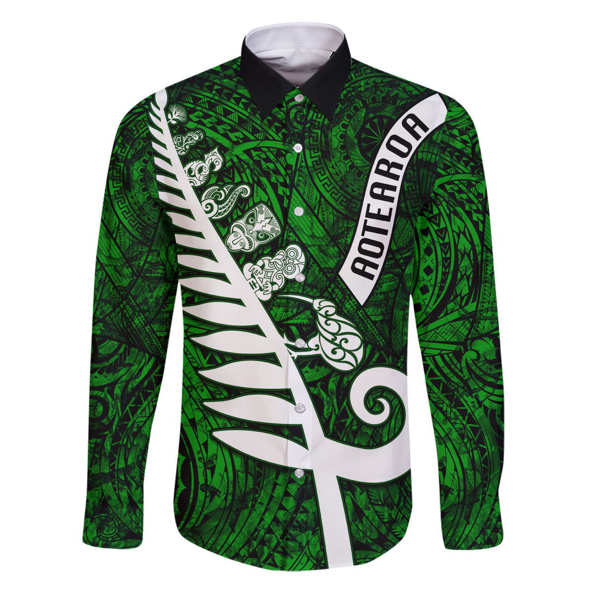 Personalized New Zealand Family Matching Short Sleeve Bodycon Dress and Hawaiian Shirt Silver Fern and Maori Symbols Papua Shell Green Style LT03 Dad's Shirt - Long Sleeve Green - Polynesian Pride