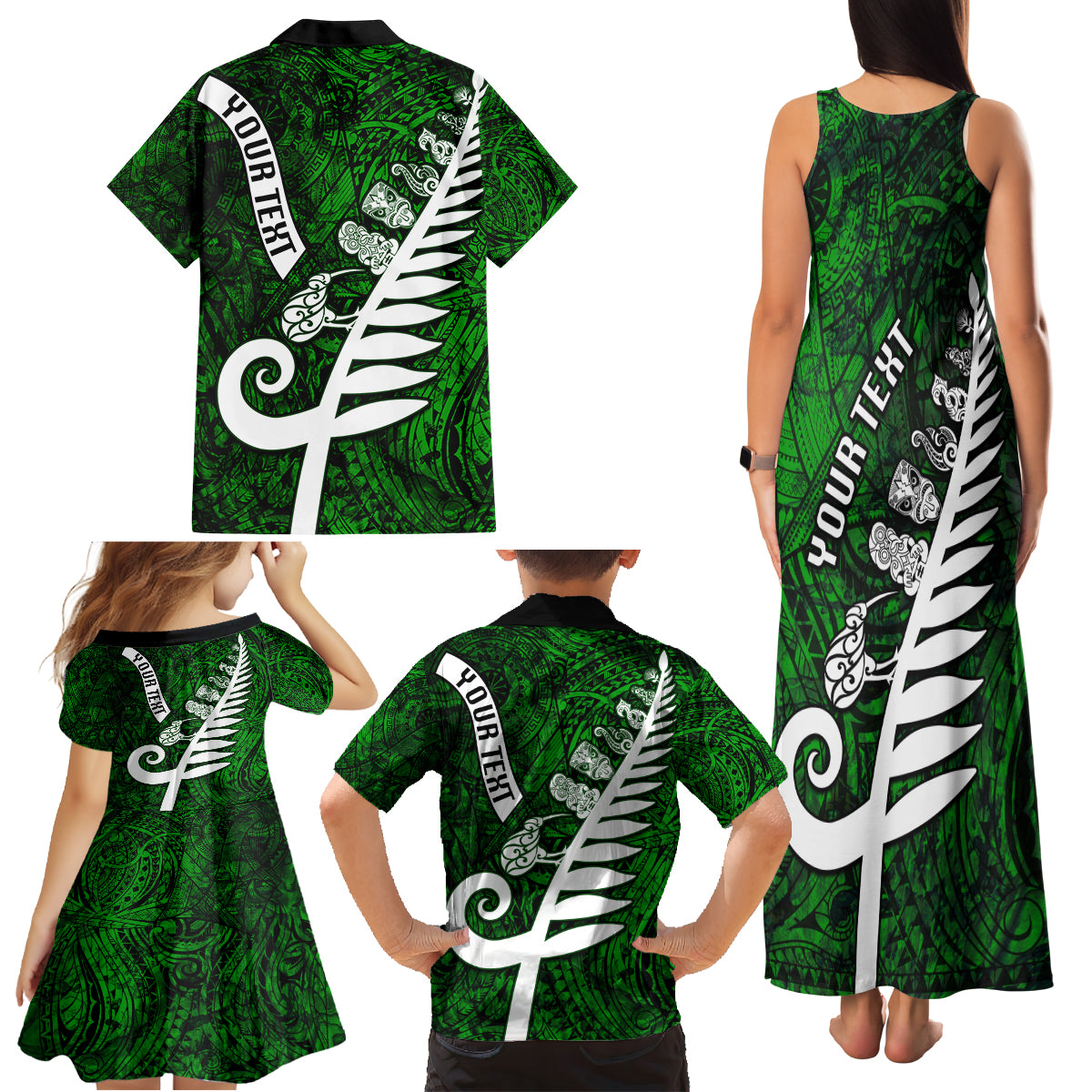 Personalized New Zealand Family Matching Tank Maxi Dress and Hawaiian Shirt Silver Fern and Maori Symbols Papua Shell Green Style LT03 - Polynesian Pride