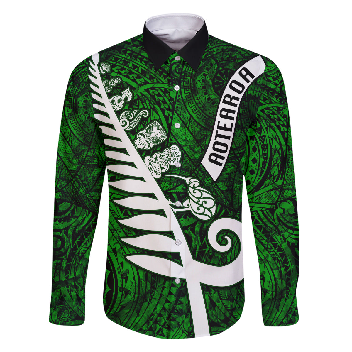 Personalized New Zealand Family Matching Tank Maxi Dress and Hawaiian Shirt Silver Fern and Maori Symbols Papua Shell Green Style LT03 Dad's Shirt - Long Sleeve Green - Polynesian Pride