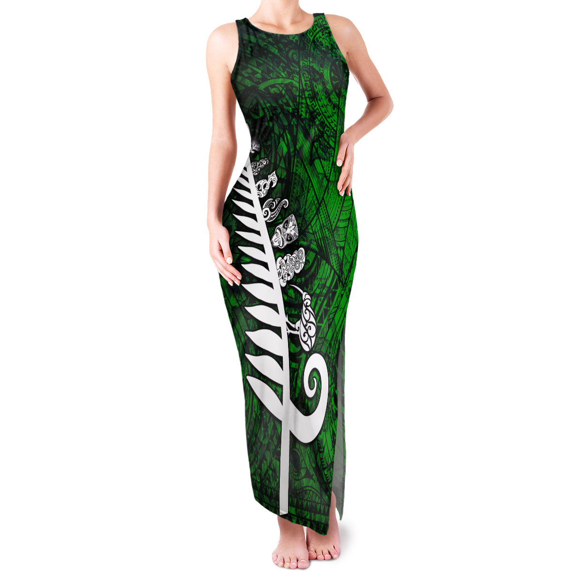 Personalized New Zealand Family Matching Tank Maxi Dress and Hawaiian Shirt Silver Fern and Maori Symbols Papua Shell Green Style LT03 Mom's Dress Green - Polynesian Pride