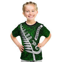 Personalized New Zealand Kid T Shirt Silver Fern and Maori Symbols Papua Shell Green Style LT03 Green - Polynesian Pride