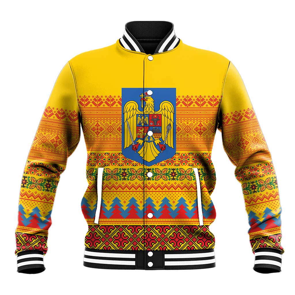 Romania Merry Christmas Baseball Jacket Romania Emblem Traditional Folk Art - Polynesian Pride