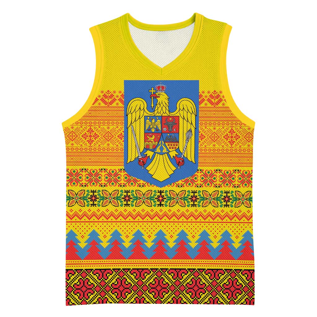Romania Merry Christmas Basketball Jersey Romania Emblem Traditional Folk Art - Polynesian Pride