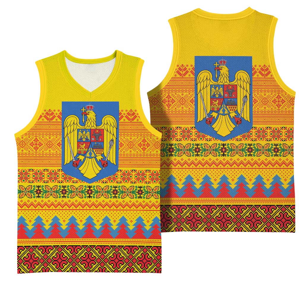 Romania Merry Christmas Basketball Jersey Romania Emblem Traditional Folk Art - Polynesian Pride