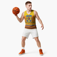 Romania Merry Christmas Basketball Jersey Romania Emblem Traditional Folk Art - Polynesian Pride