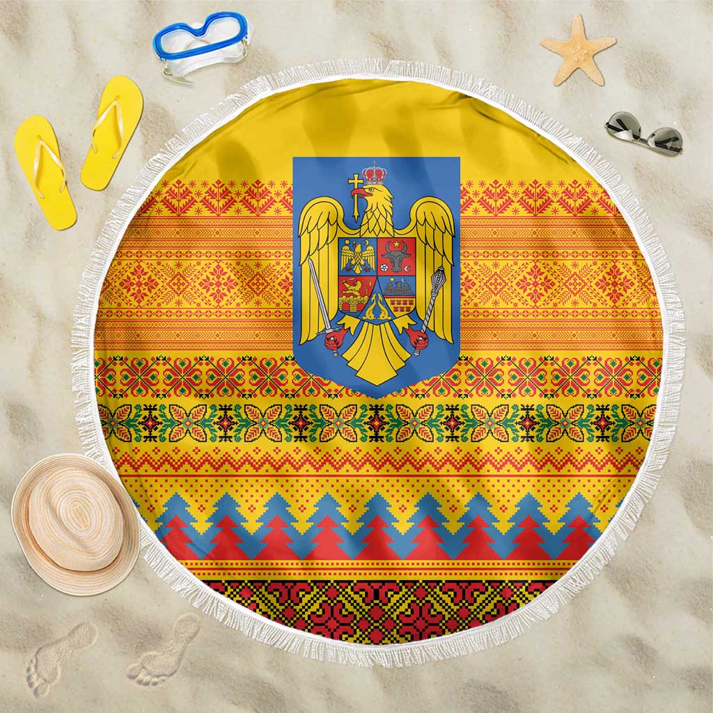 Romania Merry Christmas Beach Blanket Romania Emblem Traditional Folk Art - Polynesian Pride