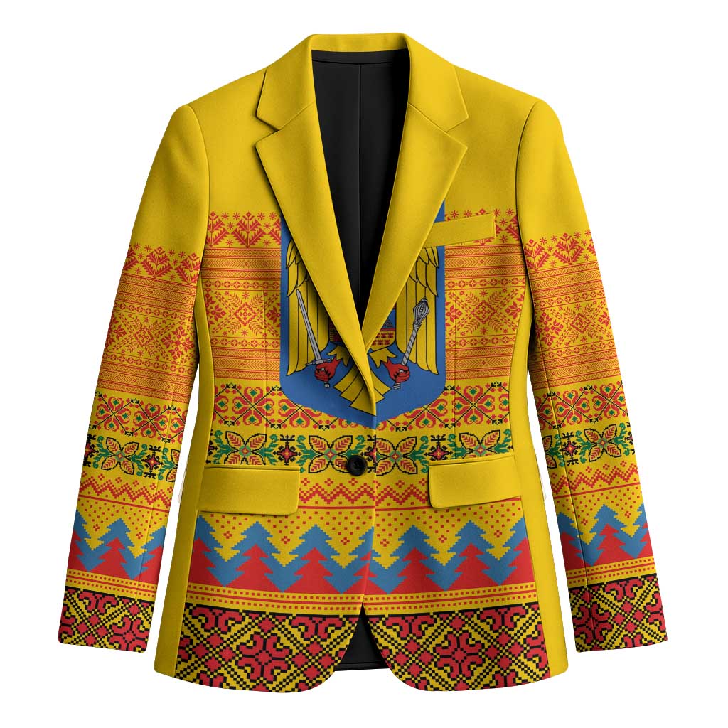 Romania Merry Christmas Blazer Romania Emblem Traditional Folk Art - Polynesian Pride