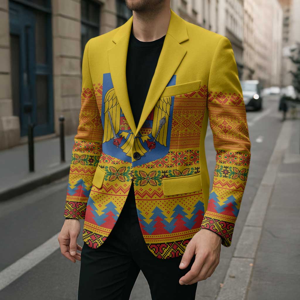 Romania Merry Christmas Blazer Romania Emblem Traditional Folk Art - Polynesian Pride