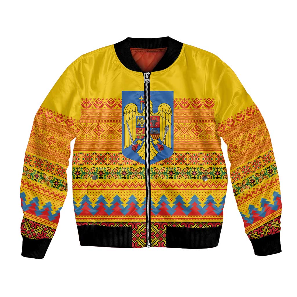 Romania Merry Christmas Bomber Jacket Romania Emblem Traditional Folk Art - Polynesian Pride