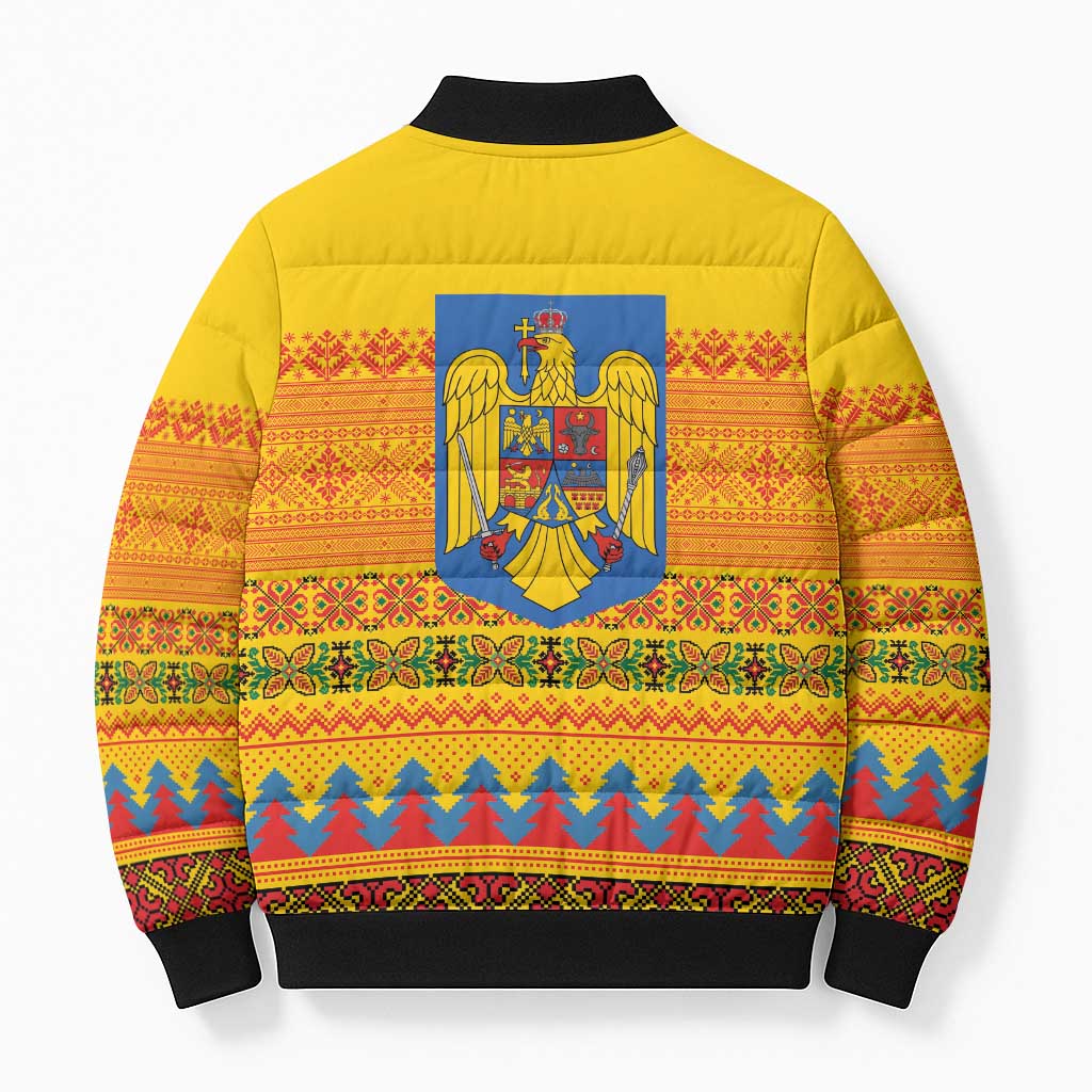 Romania Merry Christmas Bomber Puffer Jacket Romania Emblem Traditional Folk Art - Polynesian Pride