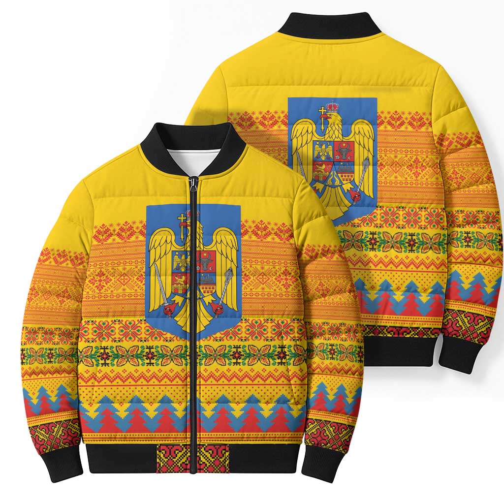 Romania Merry Christmas Bomber Puffer Jacket Romania Emblem Traditional Folk Art - Polynesian Pride